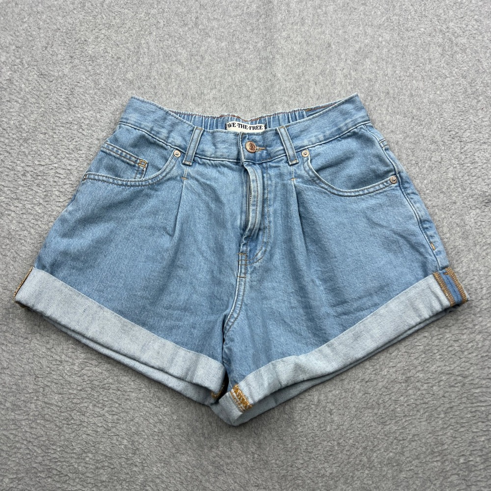 We The Free Danni Shorts Womens XS Blue High Rise Pleated Cuffed Denim Loose Fit